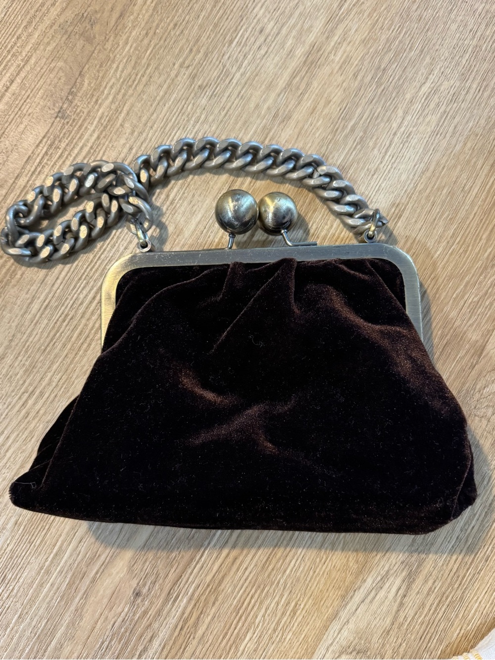 Vintage Lapis Dark Brown Velvet Kiss-Lock Clutch with Chunky Silver Chain